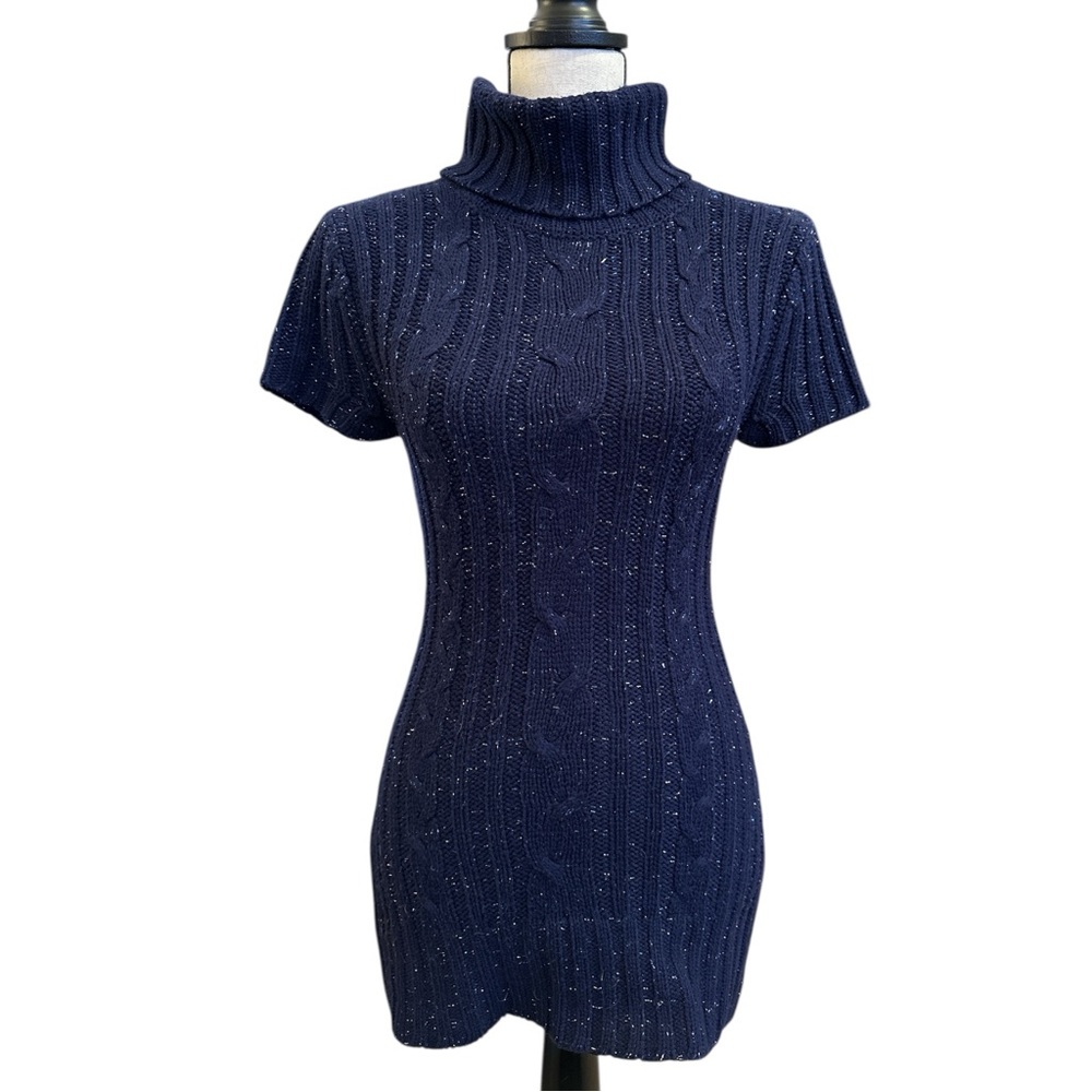 Energie Y2K Cable Knit Turtleneck Mini Sweater Dress/Tunic | Navy Blue Metallic